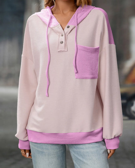 Drawstring Button Detail Long Sleeve Hoodie