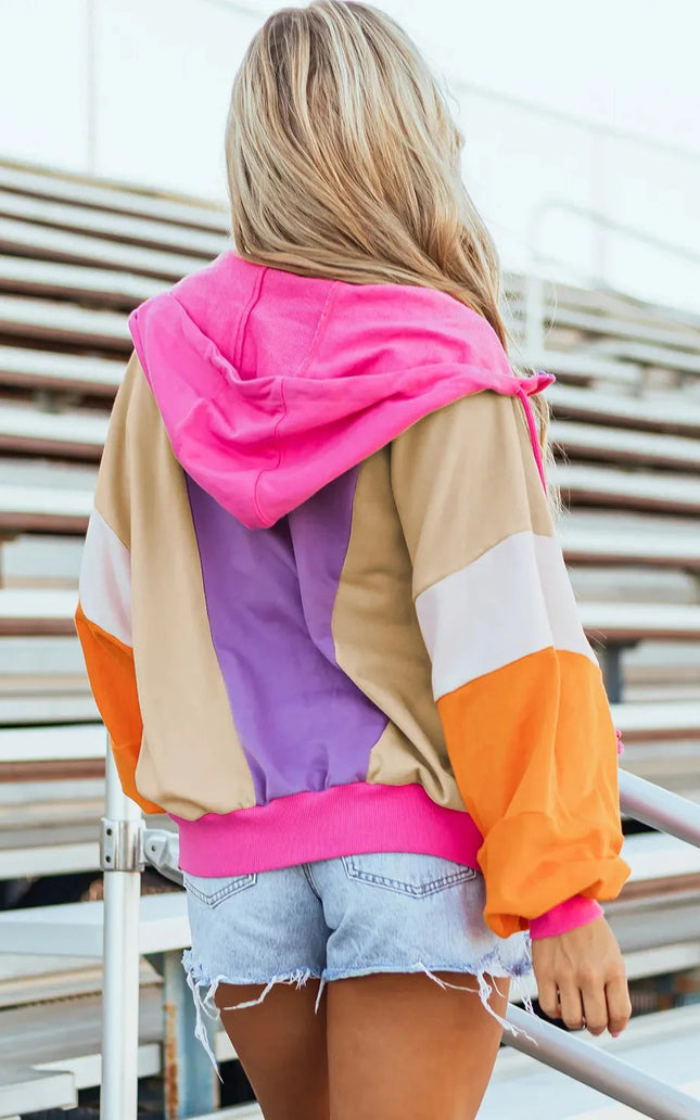 Women Drawstring Color Block Zip Up Long Sleeve Hoodie