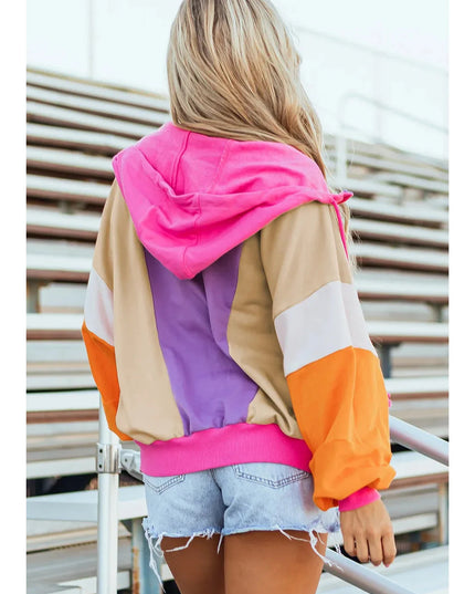 Women Drawstring Color Block Zip Up Long Sleeve Hoodie