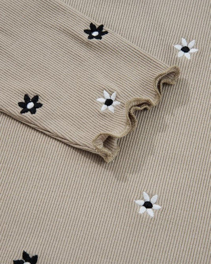 Floral Ribbed Embroidered Long Sleeve Top