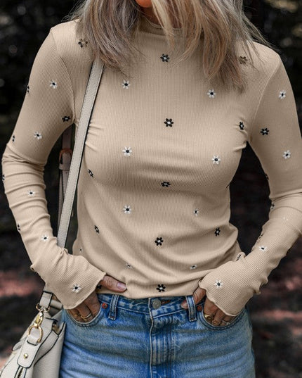 Floral Ribbed Embroidered Long Sleeve Top