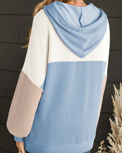 Women Drawstring Color Block Long Sleeve Hoodie