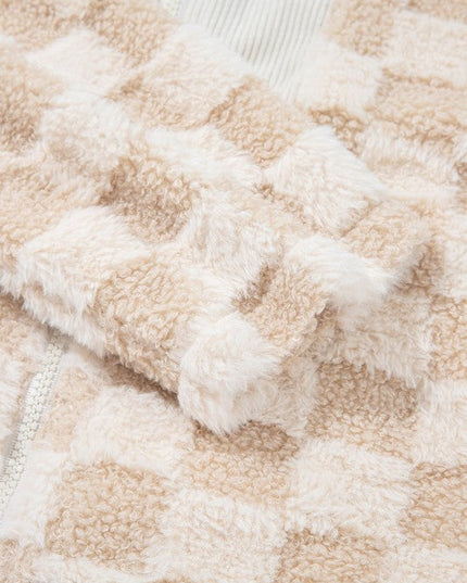 Checker Sherpa Corduroy Patchwork Zip-Up Jacket