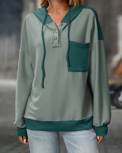 Drawstring Button Detail Long Sleeve Hoodie