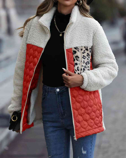 Women Leopard Color Block Zip-Up Jacket