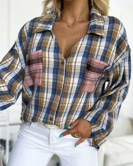 Women Plaid Pattern Asymmetric Buttons Shirt