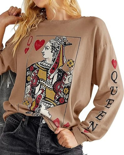 Queen of Hearts Playing Card Graphic Round Neck Sweatshirt