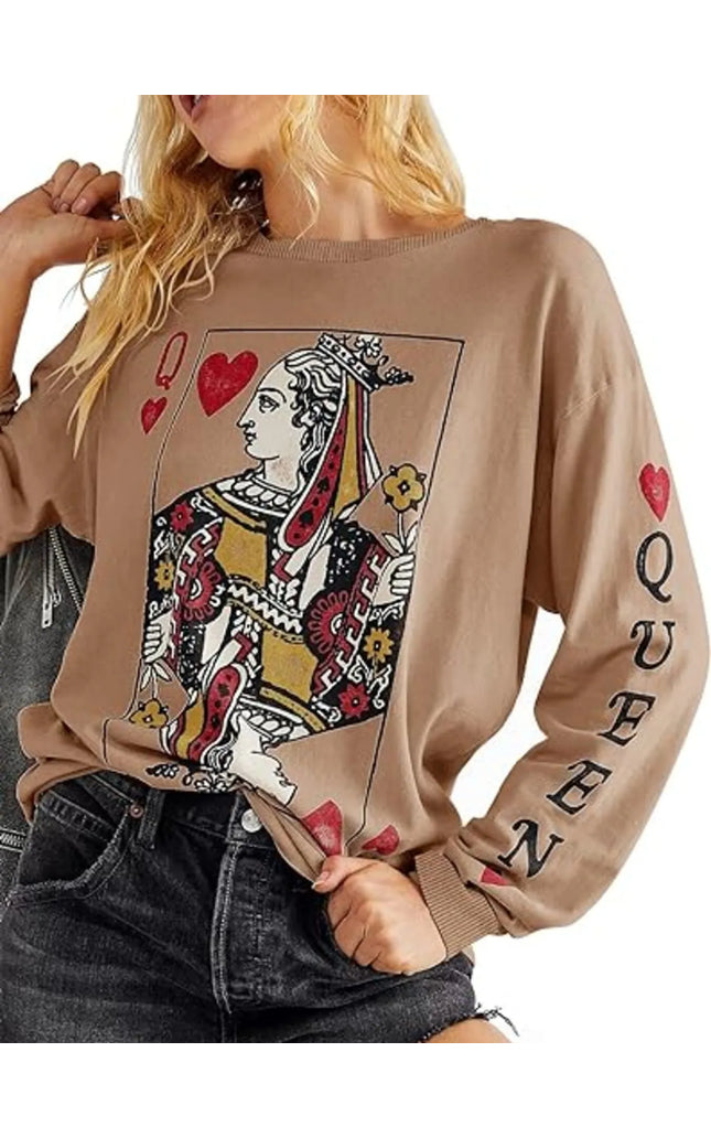 Queen of Hearts Playing Card Graphic Round Neck Sweatshirt