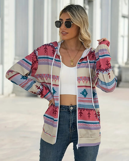 Geometric Zip Up Long Sleeve Hooded Jacket