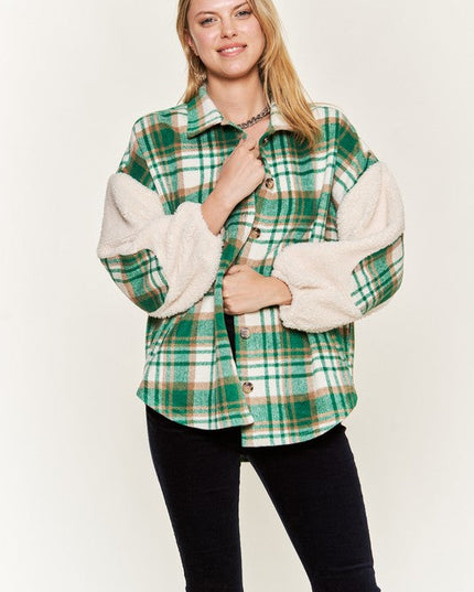 Multi plaid fuzzy sleeve jacket JJO1023