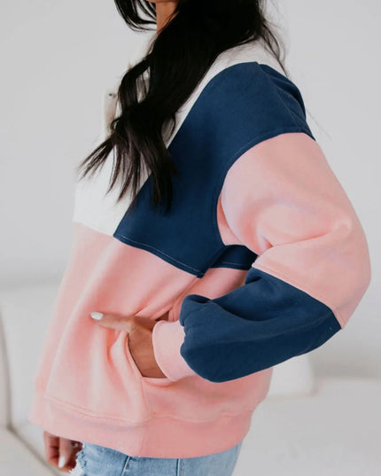 Colorblock Patchwork Half Button Baggy Sweatshirt