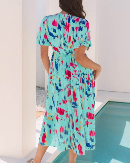 Roselyn Abstract Short Puff Sleeve Tiered Maxi Dress