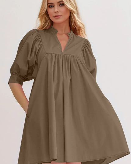 Oh Frill Notched Puff Sleeve Babydoll Mini Dress