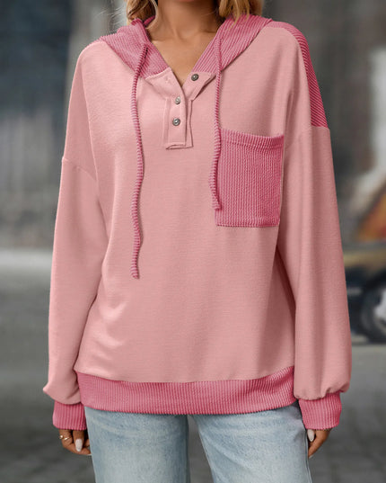 Drawstring Button Detail Long Sleeve Hoodie