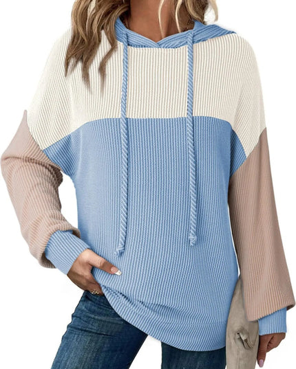 Women Drawstring Color Block Long Sleeve Hoodie