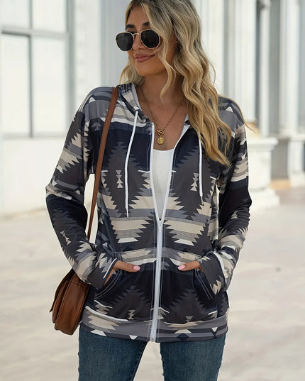 Geometric Zip Up Long Sleeve Hooded Jacket