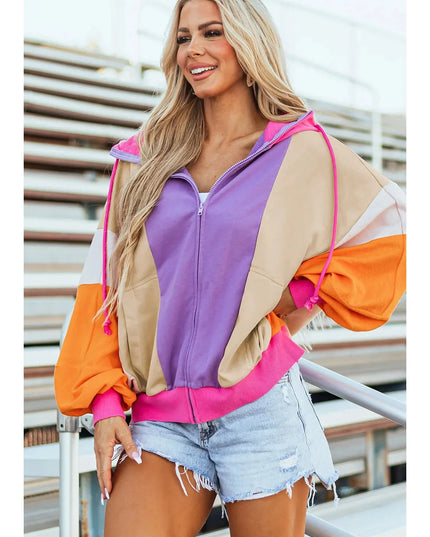 Women Drawstring Color Block Zip Up Long Sleeve Hoodie