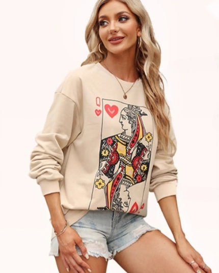 Queen of Hearts Playing Card Graphic Round Neck Sweatshirt