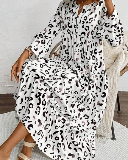 Leopard Print Notch V Neck Loose Fit Maxi Dress