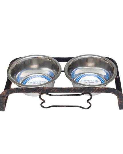 Country Living Rustic Dog Bone Elevated Feeder with 2 Stainless Steel Bowls