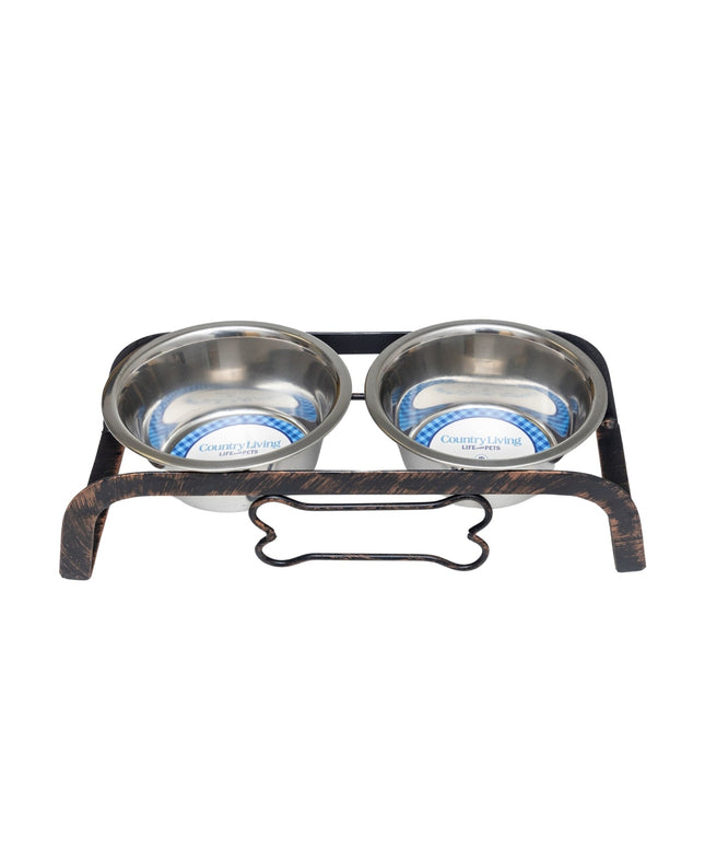 Country Living Rustic Dog Bone Elevated Feeder with 2 Stainless Steel Bowls
