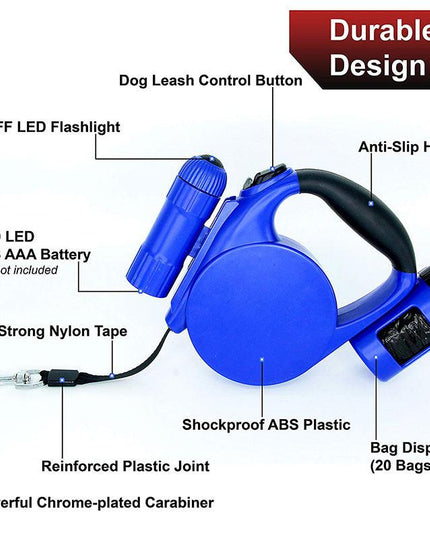 Nightwalk 4.5M Led Light And Waste Bag Dispenser Retractable Dog Leash
