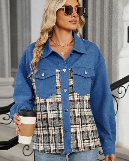 Plaid Button Up Long Sleeve Denim Jacket
