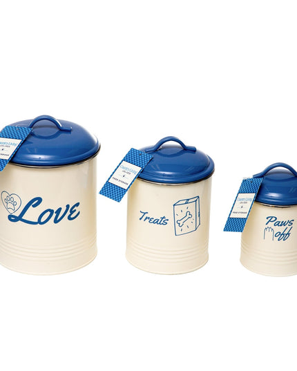 Country Living Set of 3 Pet Treat Canisters, Dog Treat Storage – French Blue Lid
