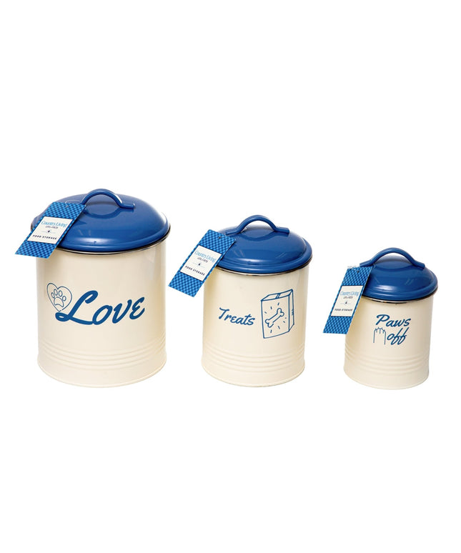 Country Living Set of 3 Pet Treat Canisters, Dog Treat Storage – French Blue Lid