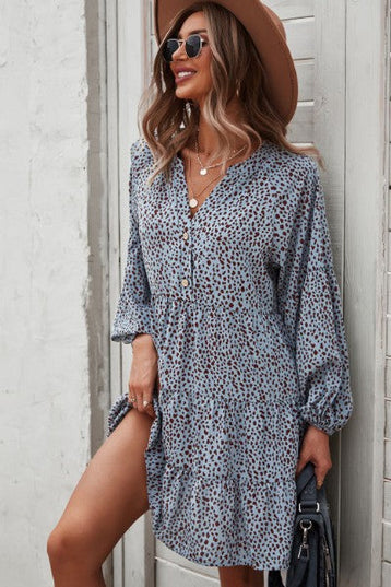 Dotted ruffled long sleeve tiered dress