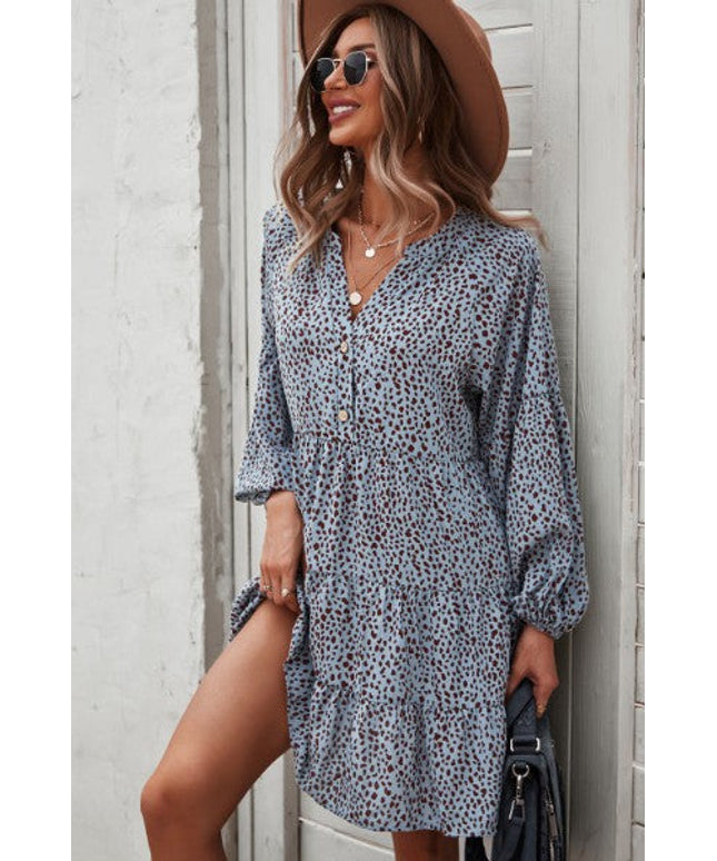 Dotted ruffled long sleeve tiered dress