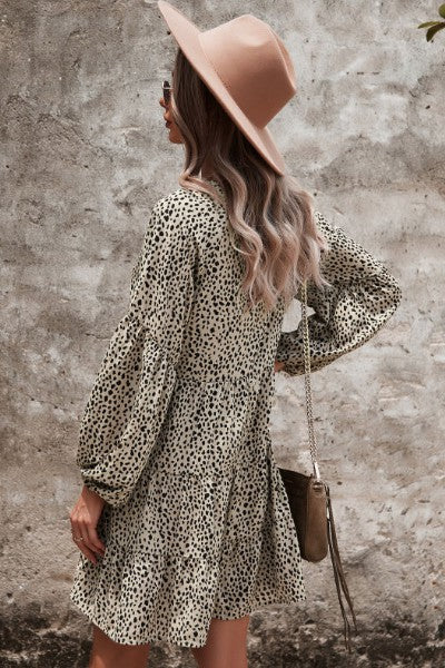 Dotted ruffled long sleeve tiered dress