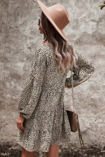 Dotted ruffled long sleeve tiered dress