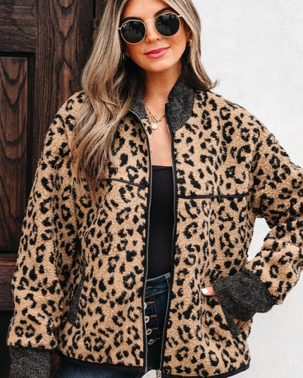 Leopard Zip-Up Stand Neck Side Pocket Jacket