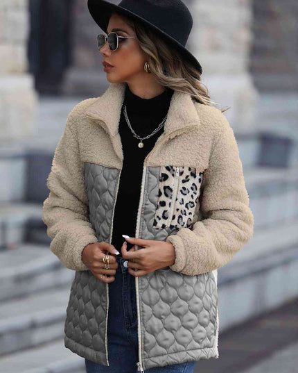 Women Leopard Color Block Zip-Up Jacket