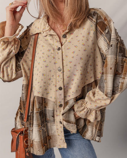Boho Floral Plaid Patchwork Ruffle Sleeve Waffle Shacket
