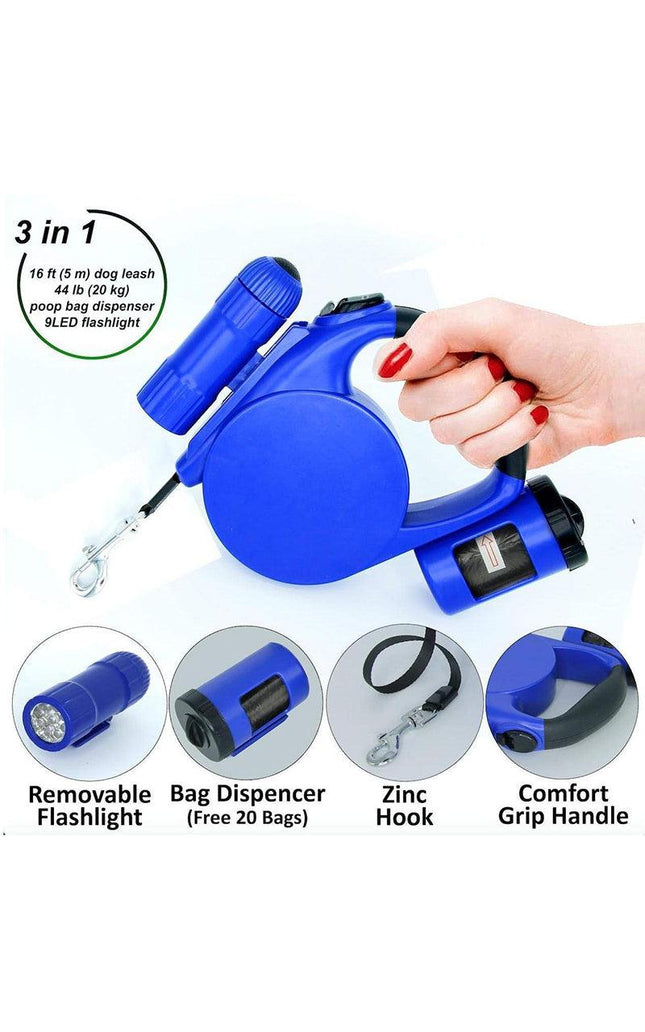 Nightwalk 4.5M Led Light And Waste Bag Dispenser Retractable Dog Leash