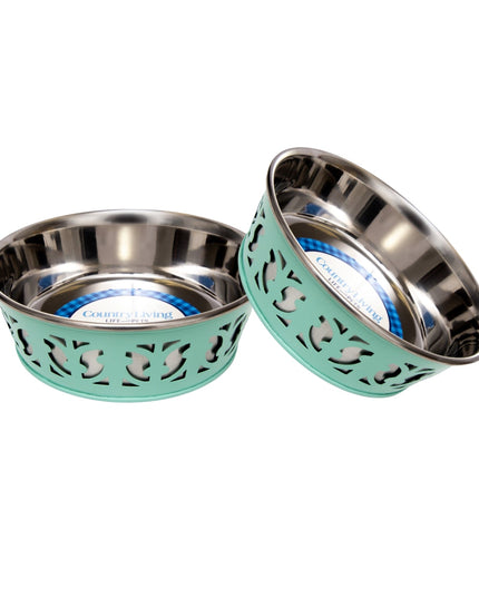 Country Living Set of 2 Stainless Steel Dog Bowls – Farmhouse Style, Ideal for Small to Medium Dogs