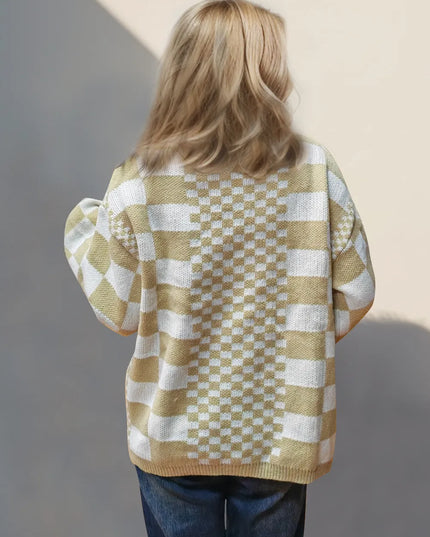 Double Take Checkered Open Front Dropped Shoulder Cardigan