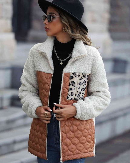 Women Leopard Color Block Zip-Up Jacket