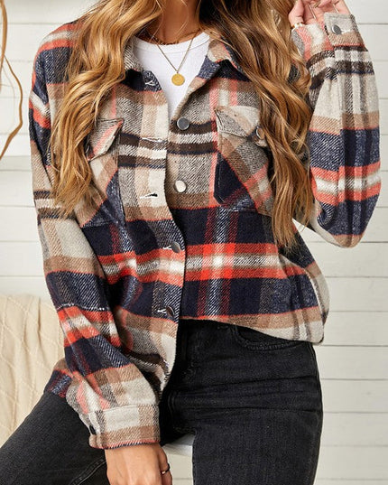 Geometric Plaid Print Pocketed Shirt for Women