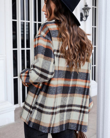 Geometric Plaid Print Pocketed Shirt for Women