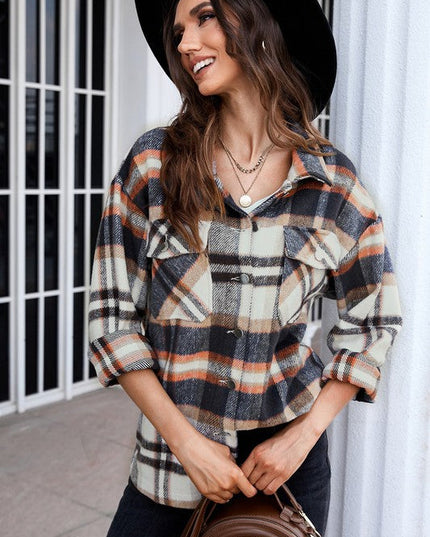Geometric Plaid Print Pocketed Shirt for Women