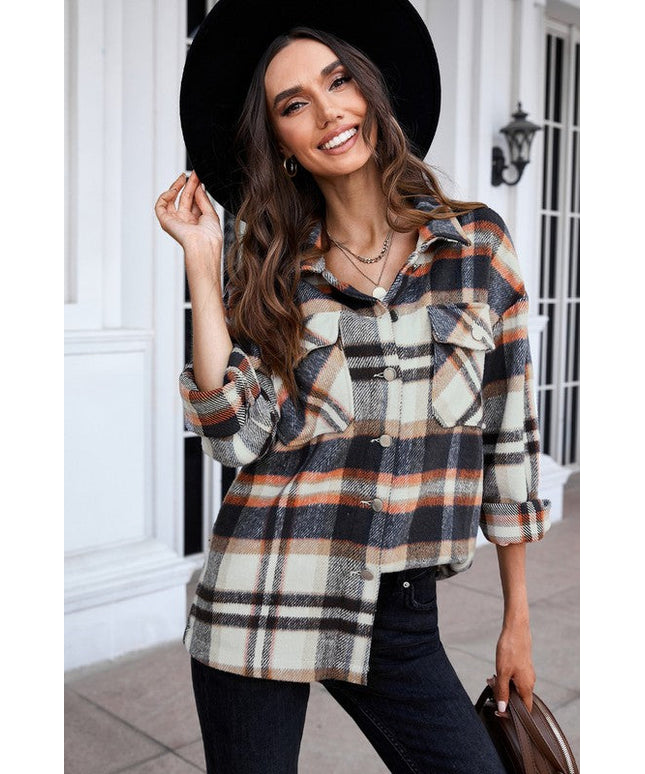 Geometric Plaid Print Pocketed Shirt for Women