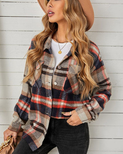 Geometric Plaid Print Pocketed Shirt for Women