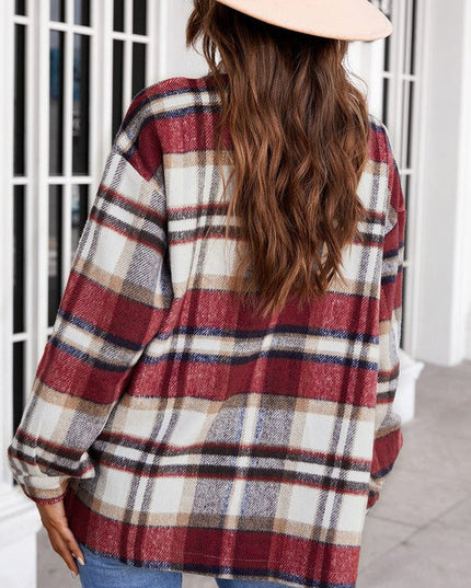 Geometric Plaid Print Pocketed Shirt for Women