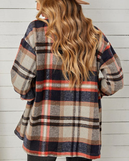 Geometric Plaid Print Pocketed Shirt for Women