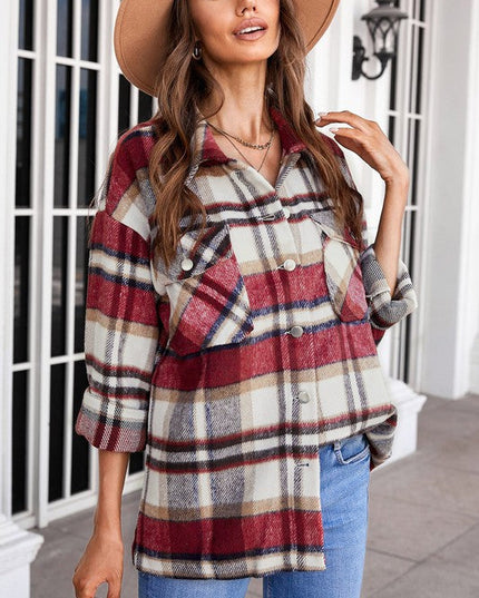 Geometric Plaid Print Pocketed Shirt for Women