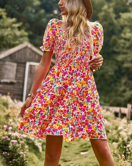 Floral smocked off shoulder dress