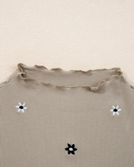 Floral Ribbed Embroidered Long Sleeve Top